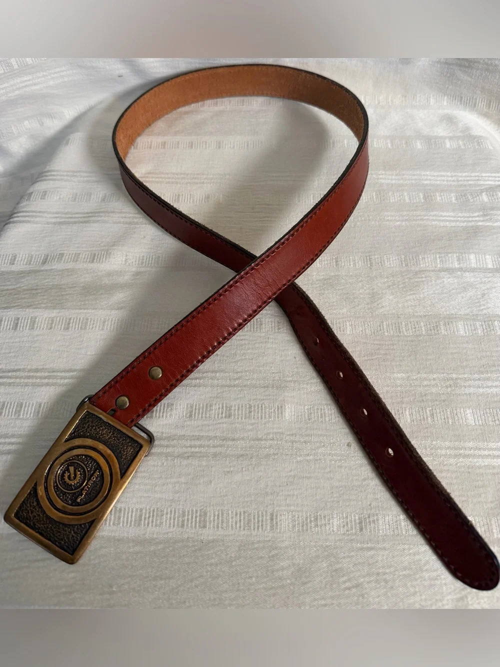 Vintage Flatiron Saddle Leather Belt Brown USA Made Brass Buckle Size 34